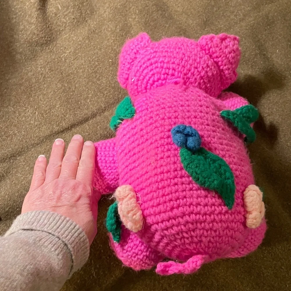 Hand knit bubblegum Pink pig with google eyes